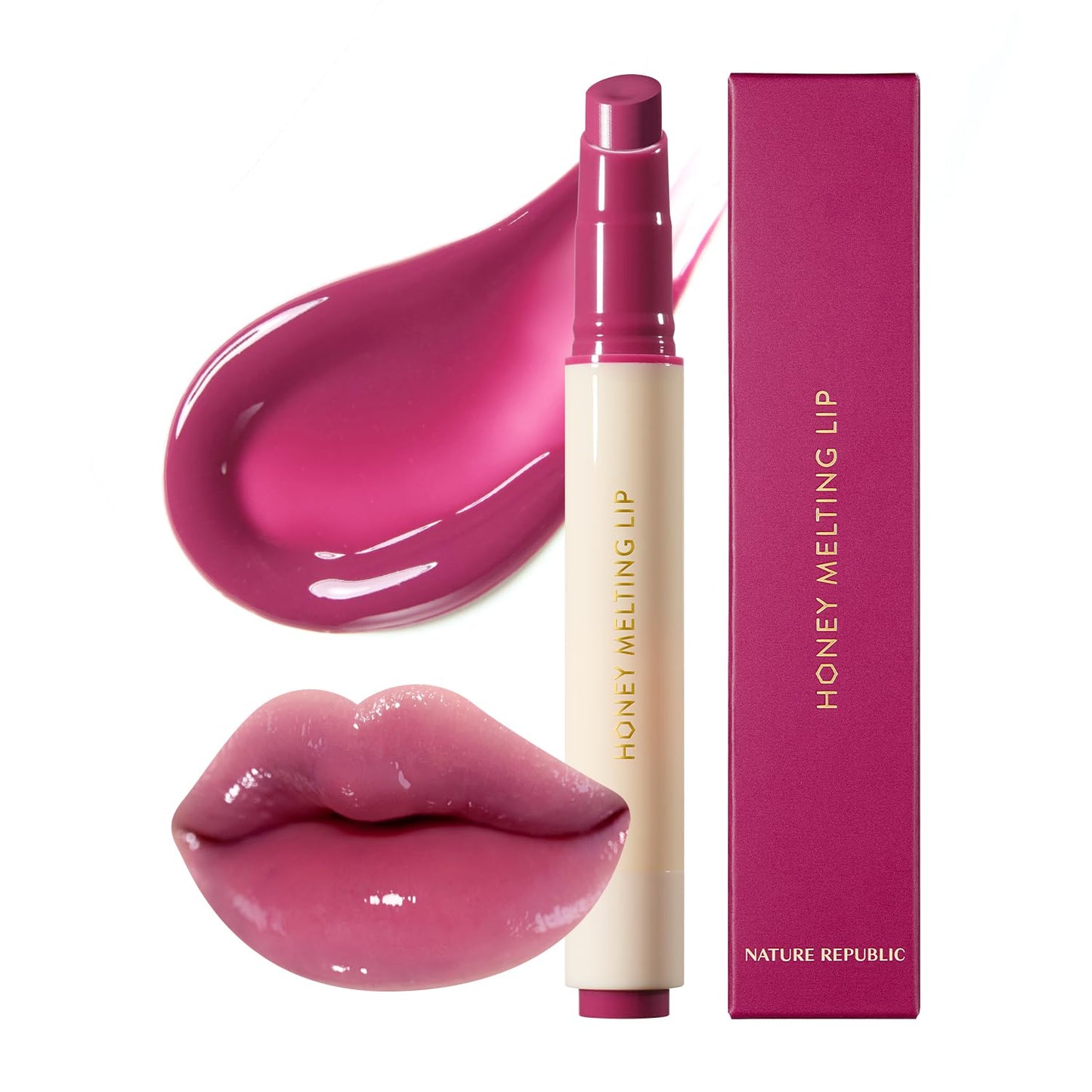 Nature Republic Labios de fusión de miel (03 BERRY) Palo de labios suave, brillo hidratante, bálsamos hidratantes, tinte transparente, brillo y acabado brillante, maquillaje coreano