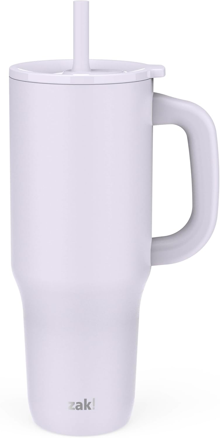 Zak Designs Disney Sutton - Vaso de viaje para llevar o en casa, acero inoxidable de 40 onzas con aislamiento al vacío, popote de silicona, asa de transporte y obras de arte 3D para bebidas frías (Minnie Mouse)