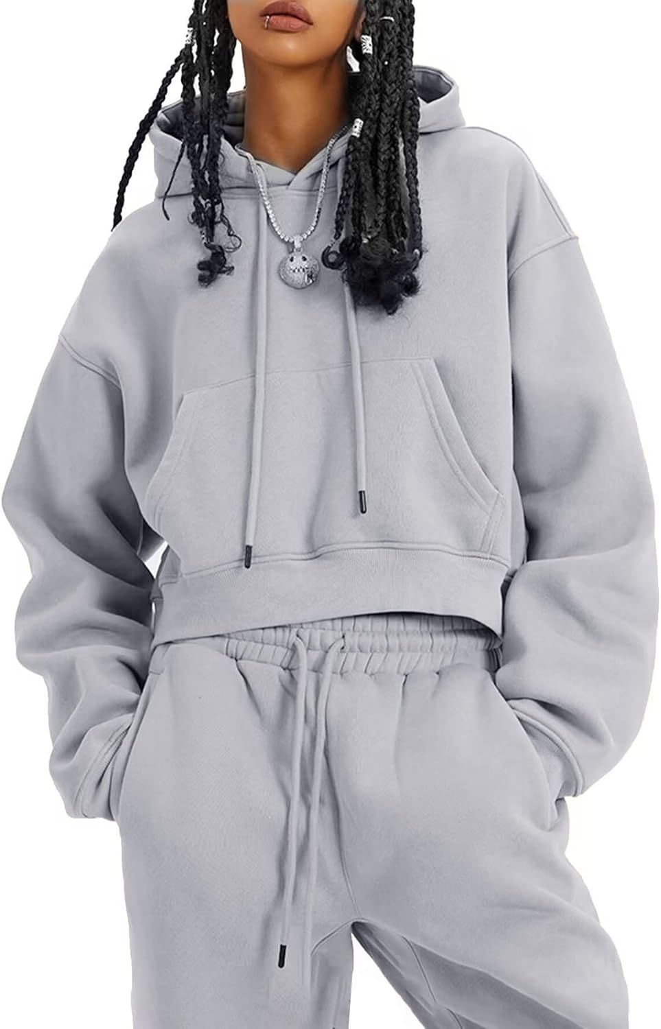 Flygo Conjunto deportivo de 2 piezas de forro polar para mujer, sudadera corta, sudadera y pantalones deportivos