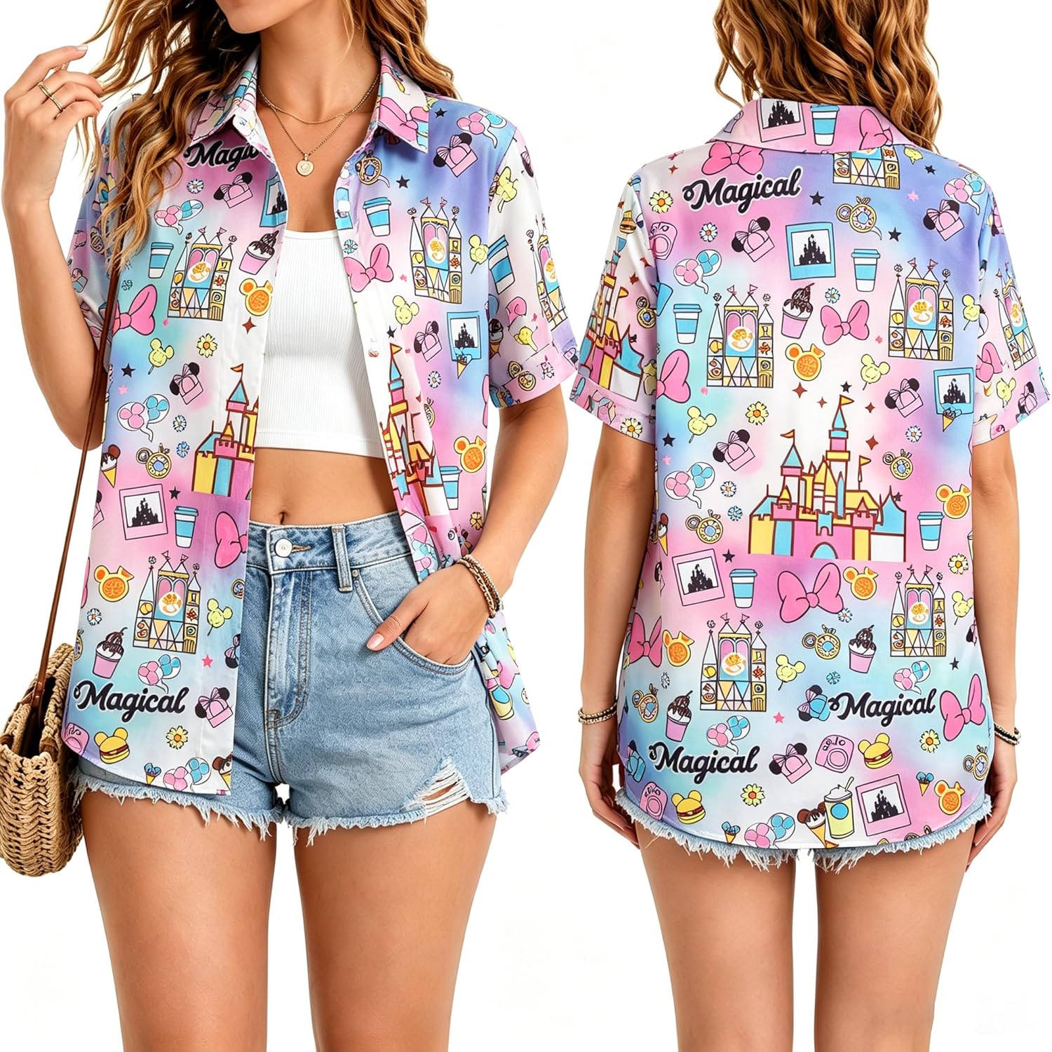 VILOVE Camisa mágica para mujer, camisas hawaianas mágicas de princesa, camiseta divertida con estampado de castillo, para vacaciones familiares, camisetas con botones
