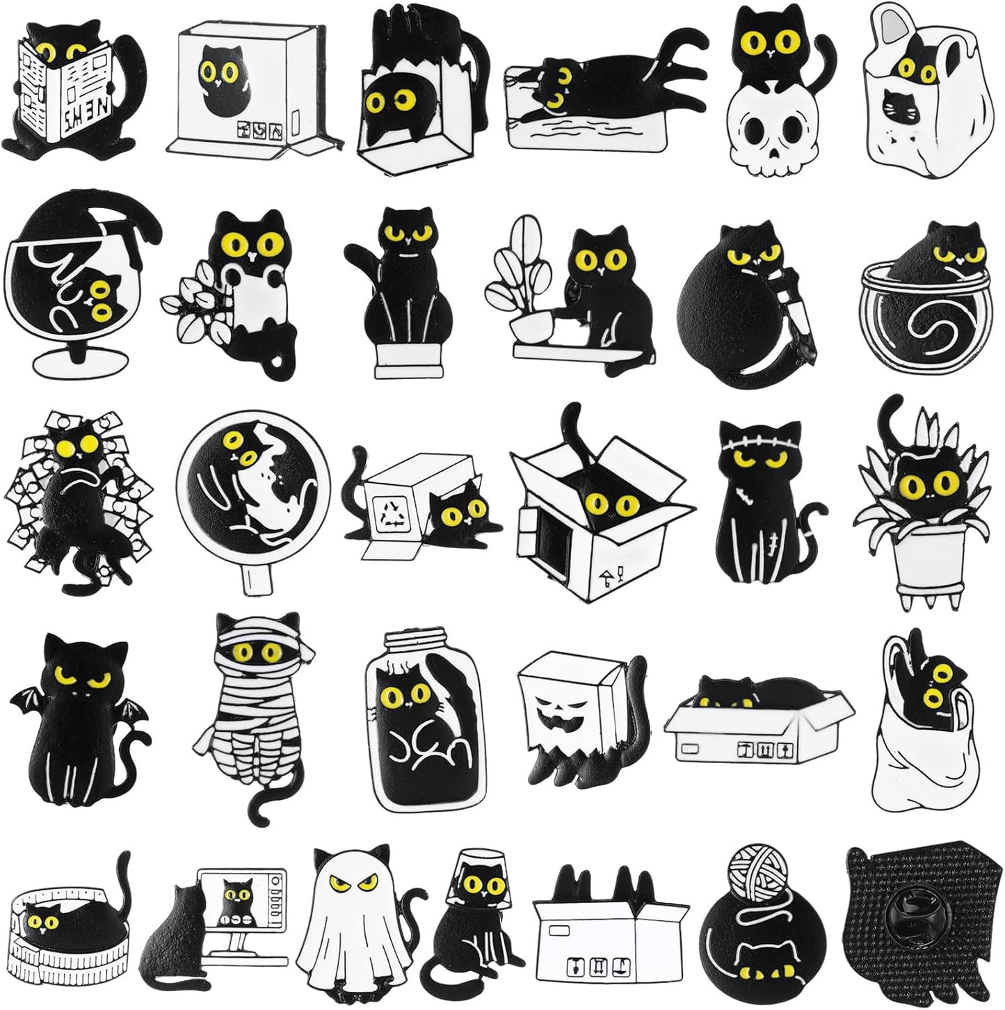 Landical 30 piezas, lindos pines de esmalte a granel, flores de plantas, animales, Halloween, gato negro, gótico, calabazas de otoño, primavera, broches de solapa de dibujos animados, pin de joyería