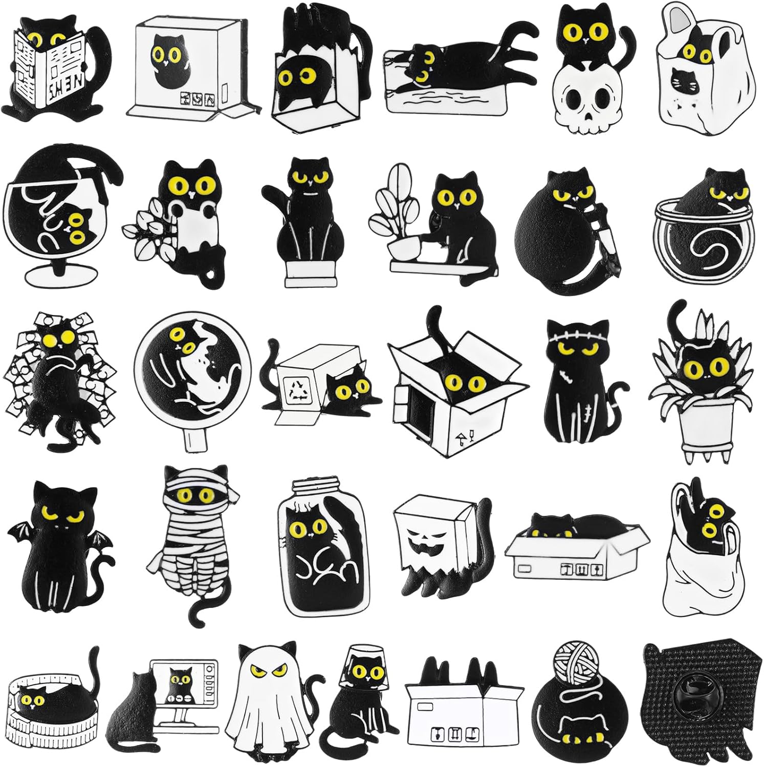 Landical 30 piezas, lindos pines de esmalte a granel, flores de plantas, animales, Halloween, gato negro, gótico, calabazas de otoño, primavera, broches de solapa de dibujos animados, pin de joyería