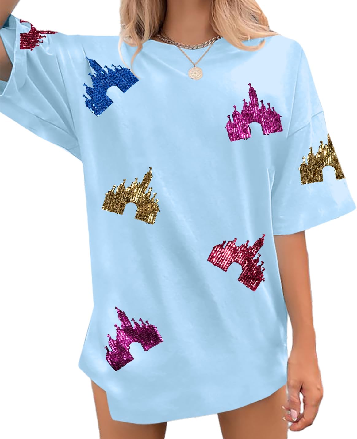 Camisas del Reino Mágico para Mujer, Top de Lentejuelas, Camiseta Gráfica de Castillo Colorido, Camiseta Divertida y Linda para Vacaciones Festivas