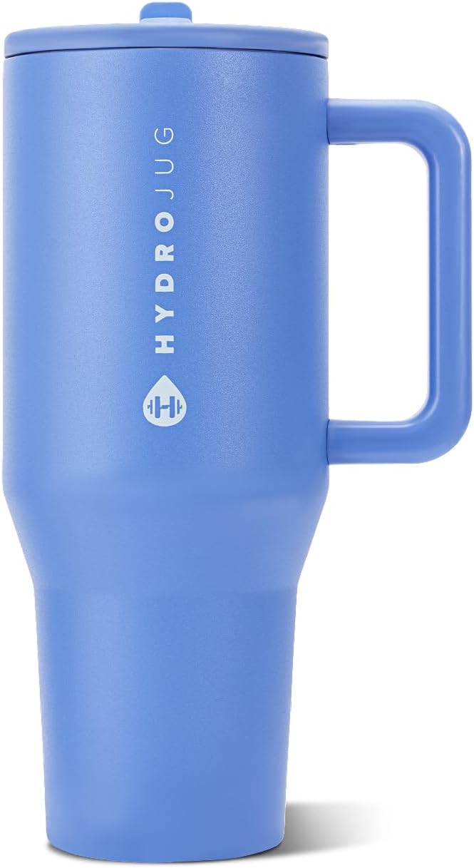 HydroJug Traveler - Botella de agua 32 oz con asa y pajilla abatible, apto para soporte para vasos, resistente a fugas, reutilizable, aislado, acero inoxidable y base de goma, unisex, rosado arena
