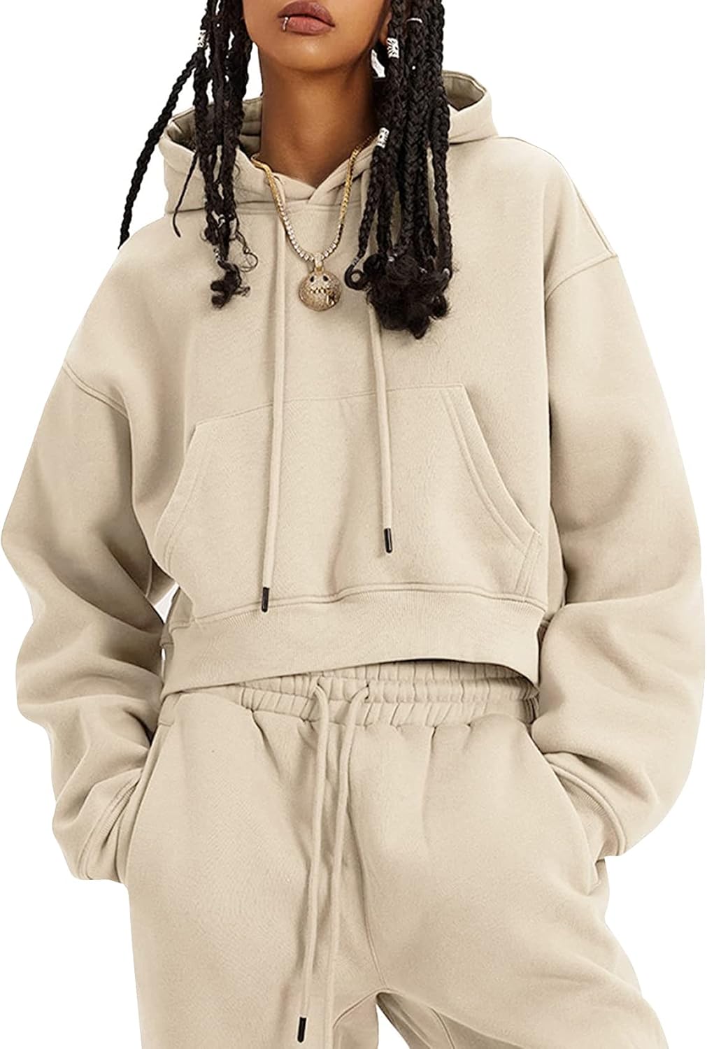 Flygo Conjunto deportivo de 2 piezas de forro polar para mujer, sudadera corta, sudadera y pantalones deportivos