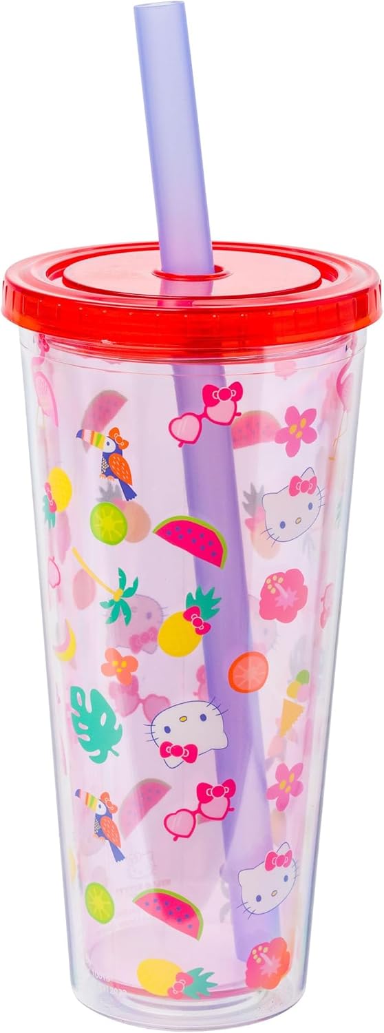 Silver Buffalo Disney Lilo and Stitch Ohana - Vaso de plástico con tapa y pajilla, 32 onzas