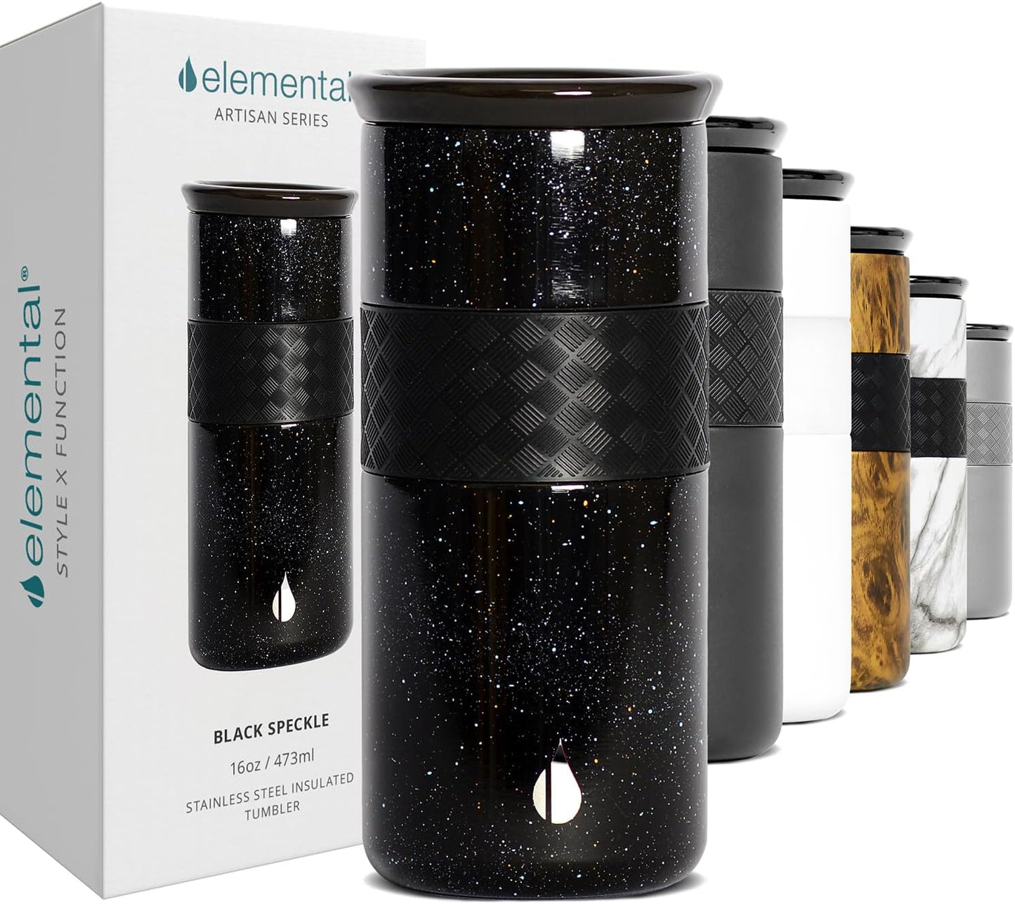Elemental Vaso aislado artesanal, taza de viaje para café de triple pared, reutilizable, de acero inoxidable, con tapa de cerámica, tazas de café térmicas para bebidas calientes (6 horas) y frías (18 horas), 16 onzas, flores azules