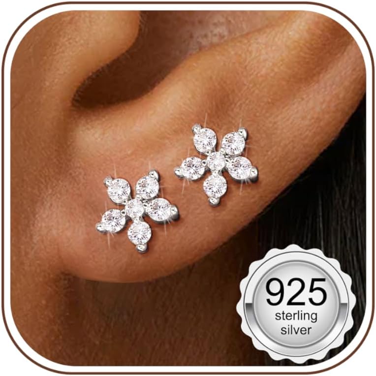 Adramata 925 Sterling Silver Earrings Women Girl Small Earrings Cubic Zirconia Hypoallergenic Piercing Ear Helix Tragus Earring Women Silver/Gold