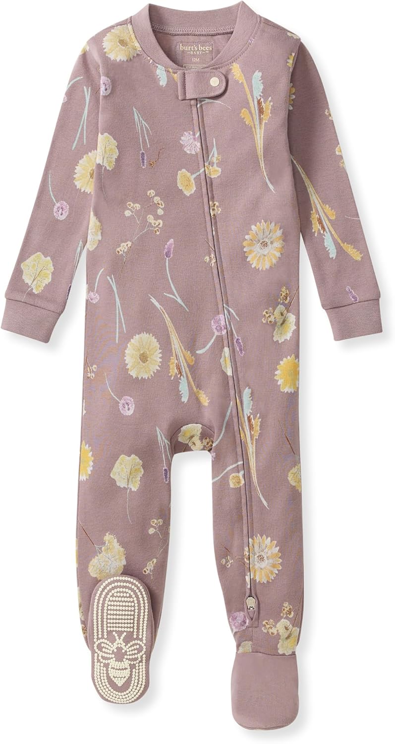Burt's Bees Baby Pijama para niñas, 100% algodón orgánico, pijama de una pieza, overol con cremallera diagonal, ajuste cómodo