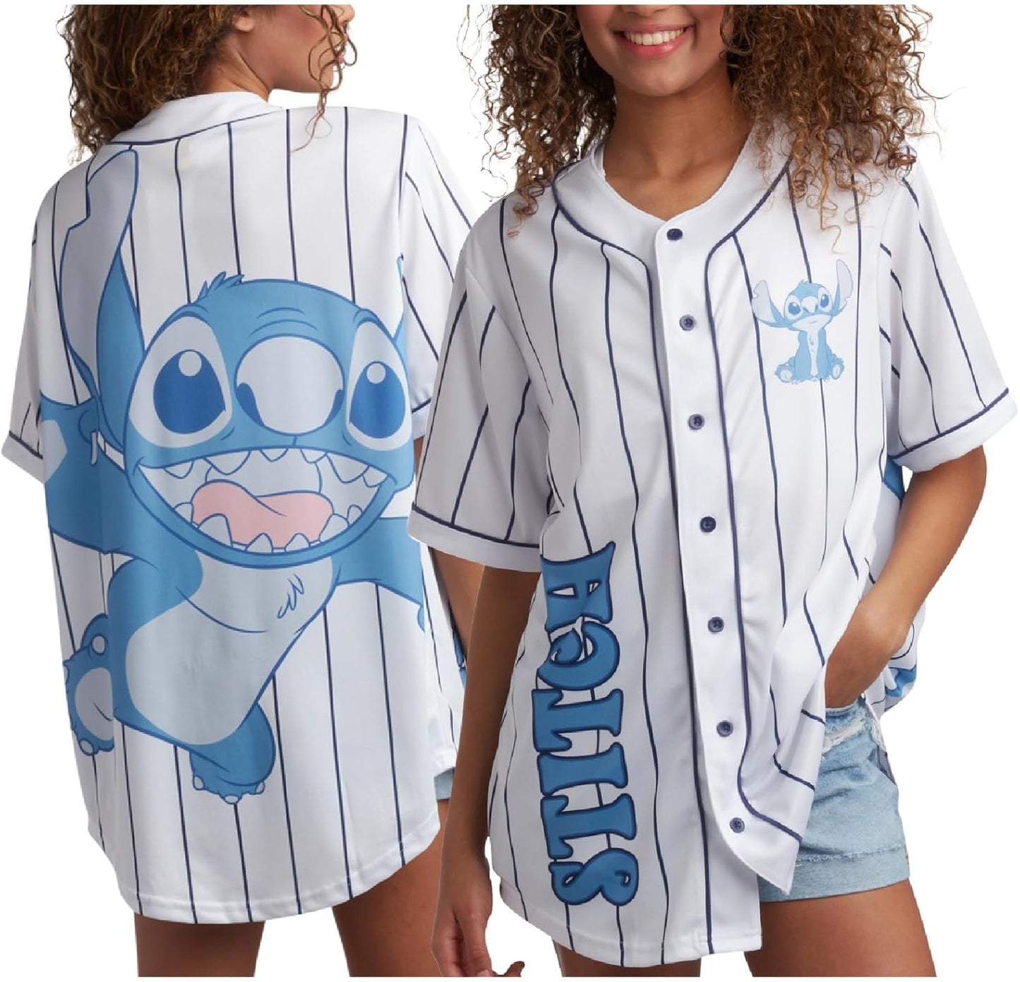 Disney Camiseta de béisbol para mujer, diseño de Mickey Mouse Lightning McQueen Marie, Lilo y Stitch | Tejido 100% poliéster, ligero y transpirable, malla o estilos con botones
