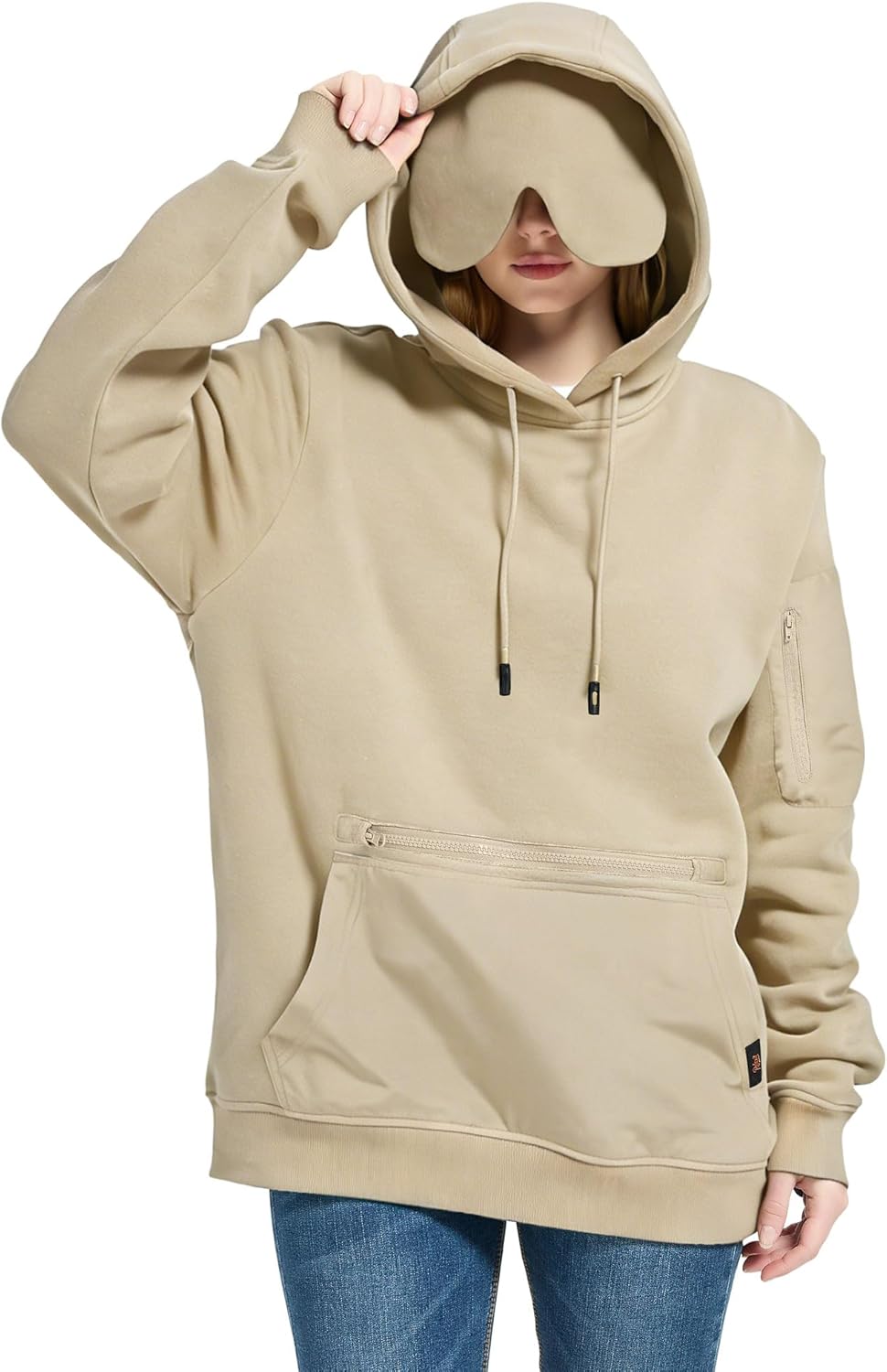 Sudadera con capucha de viaje con máscara de ojos integrada para viajes en avión, transpirable, cómoda, sin botones, múltiples bolsillos