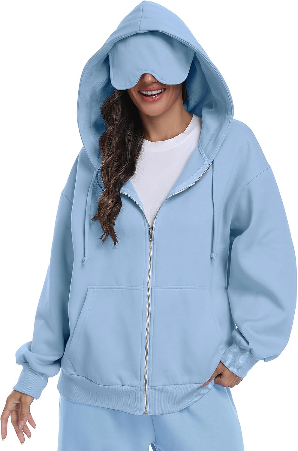 SeSe Code Sudadera con capucha unisex, con cremallera y máscara para los ojos, modo avión, sudadera holgada de viaje, chaqueta de forro polar