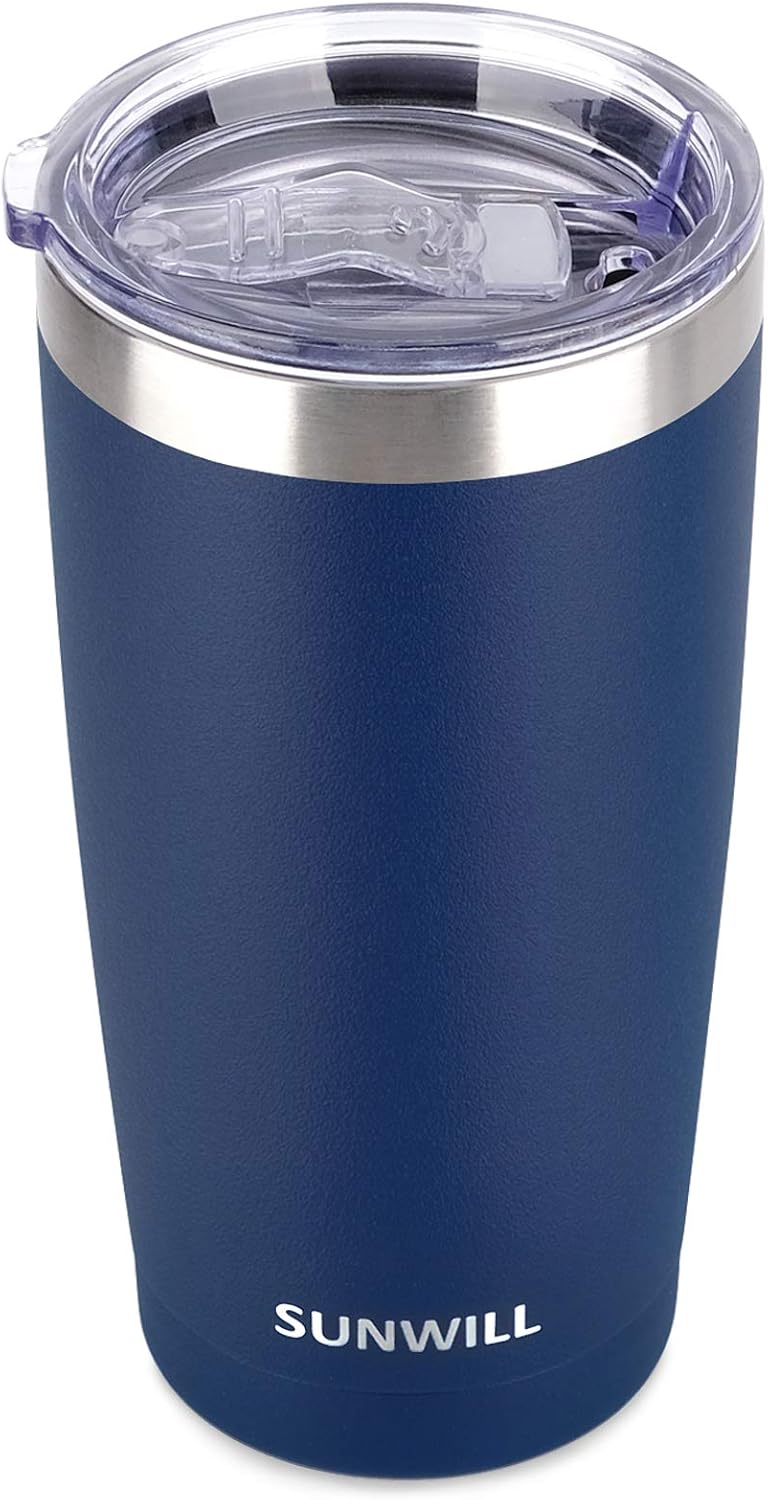 SUNWILL Vaso de café de viaje de 20 onzas, taza aislada con tapa, taza de acero inoxidable para exteriores, recubrimiento en polvo, color azul rey
