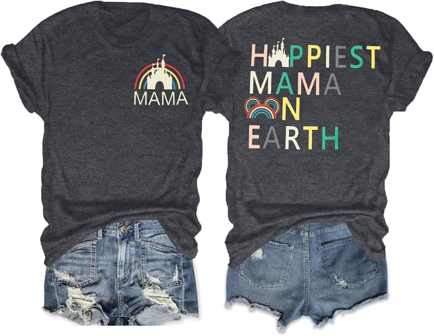 Camisa mágica para mujer, camiseta de manga corta con texto en inglés "Happiest Mama On Earth", diseño de castillo de Magic Kingdom