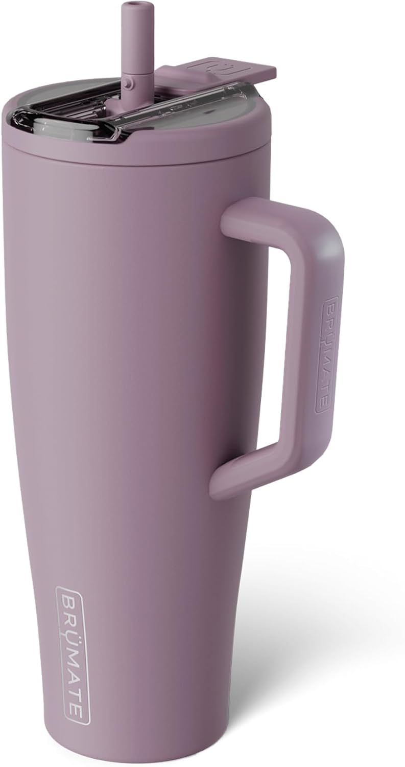 BrüMate Era Flip - Vaso de 40 onzas con tapa con pajilla cubierta 100 % a prueba de fugas, popote higiénico cubierto, botella de agua de acero inoxidable aislada con asa, apto para portavasos, sin BPA (Lilac Dusk)