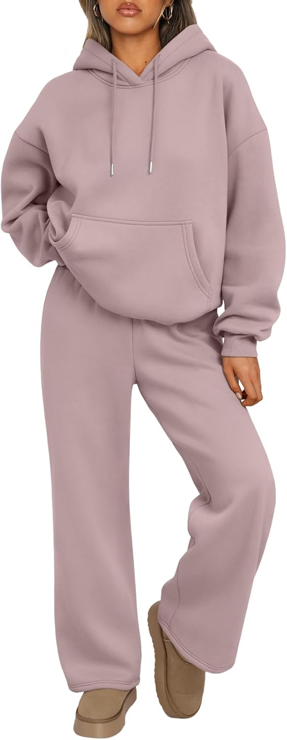 Trendy Queen Conjunto de dos piezas para mujer, ropa de descanso de otoño, conjuntos de moda con sudadera holgada y pantalones de pierna ancha, ropa de invierno | Oversized Drawstring Hoodies&Wide Leg Sweatpants Outfits