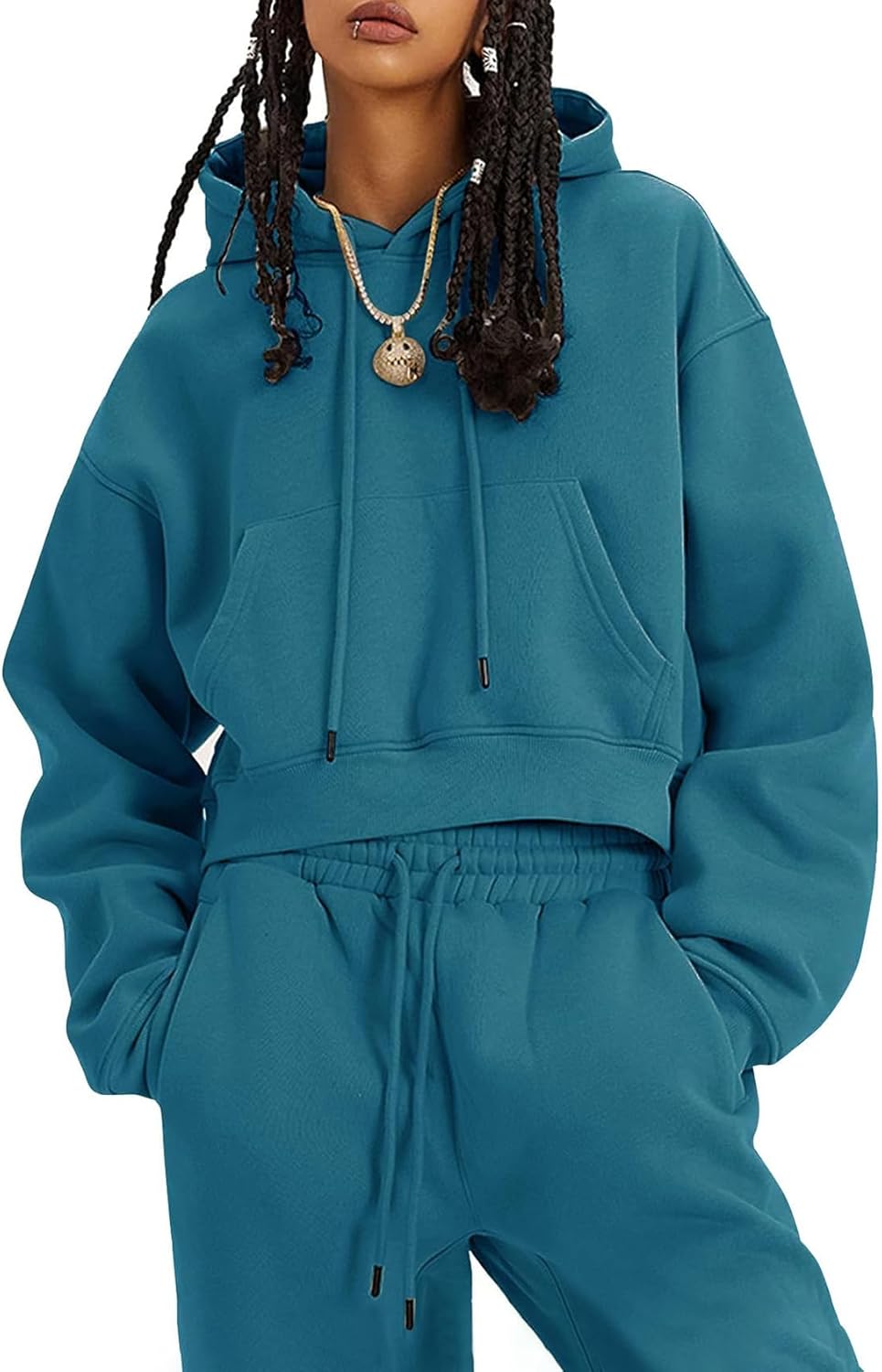 Flygo Conjunto deportivo de 2 piezas de forro polar para mujer, sudadera corta, sudadera y pantalones deportivos