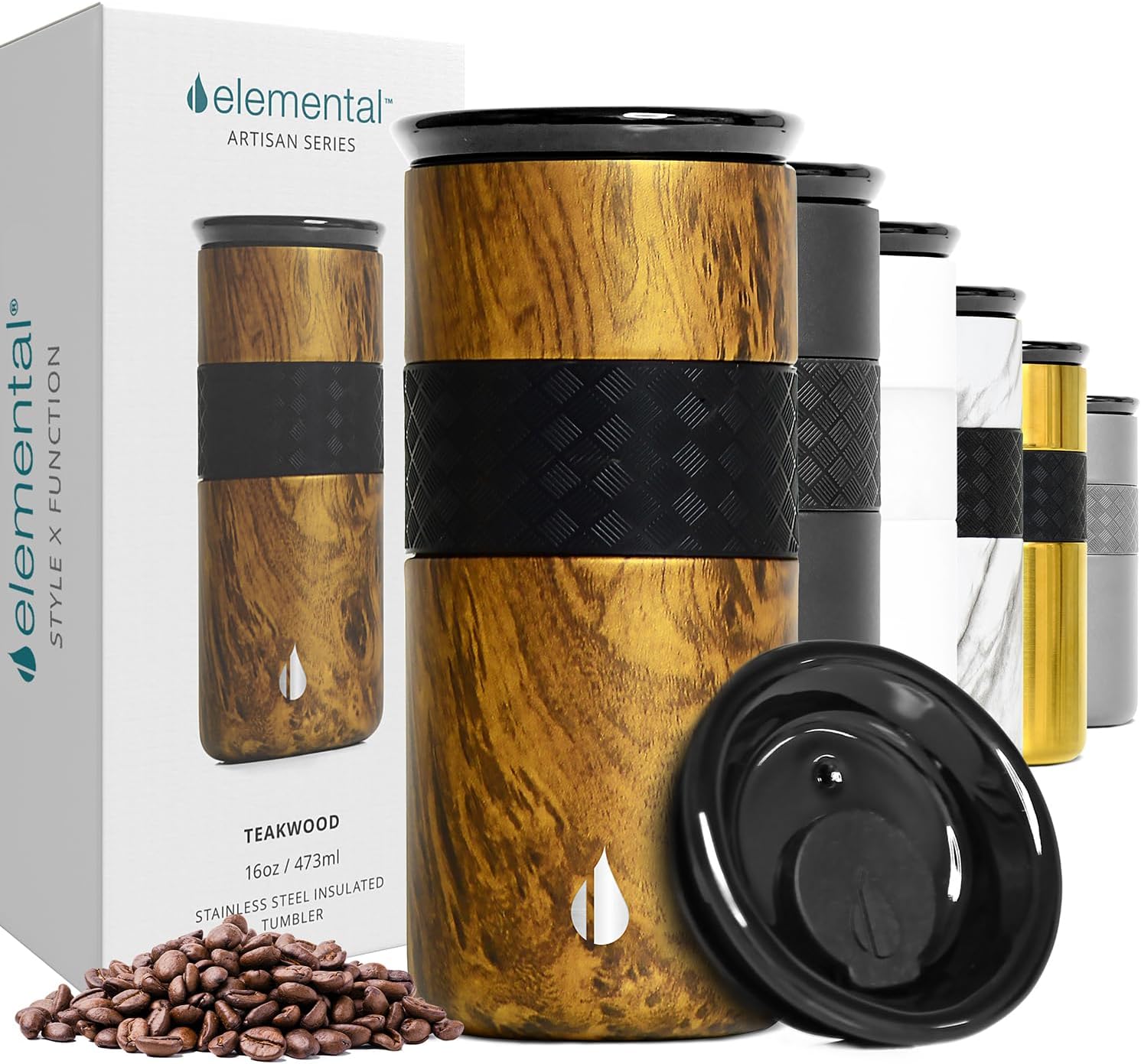 Elemental Vaso aislado artesanal, taza de viaje para café de triple pared, reutilizable, de acero inoxidable, con tapa de cerámica, tazas de café térmicas para bebidas calientes (6 horas) y frías (18 horas), 16 onzas, flores azules