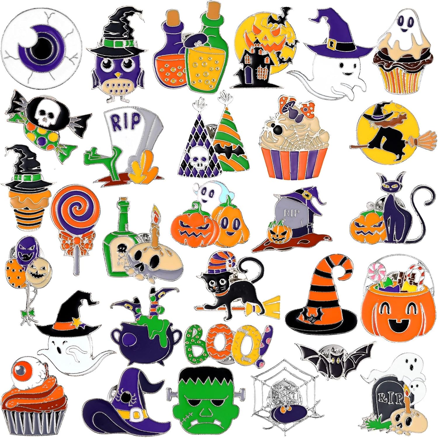 Landical 30 piezas, lindos pines de esmalte a granel, flores de plantas, animales, Halloween, gato negro, gótico, calabazas de otoño, primavera, broches de solapa de dibujos animados, pin de joyería