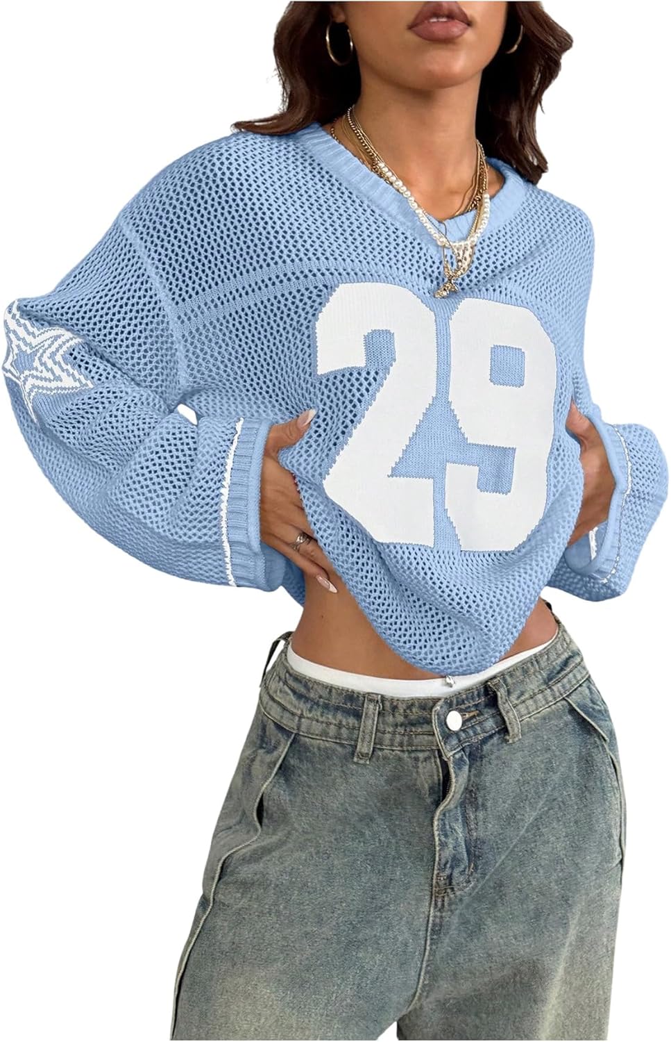 Verdusa - Camisetas de gran tamaño con cuello en V y manga larga para mujer, estilo Y2k, de punto de ganchillo, suéter de estilo gráfico para salir