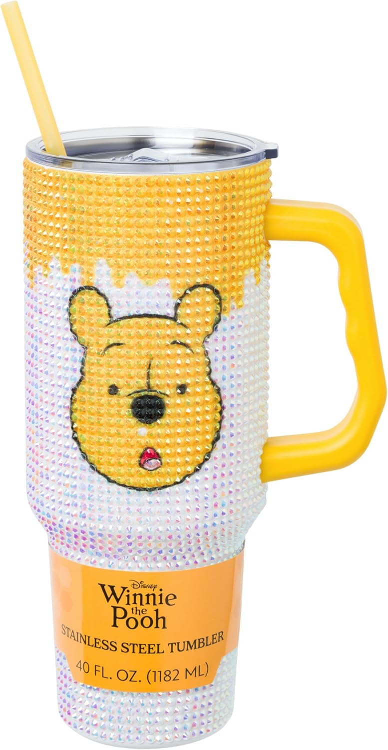 Silver Buffalo Disney Mickey and Friends Daisy, Donald Duck, Goofy, Pluto, Minnie Decals - Vaso de acero inoxidable de doble pared con asa, popote y tapa con pajilla, cabe en portavasos estándar, 40