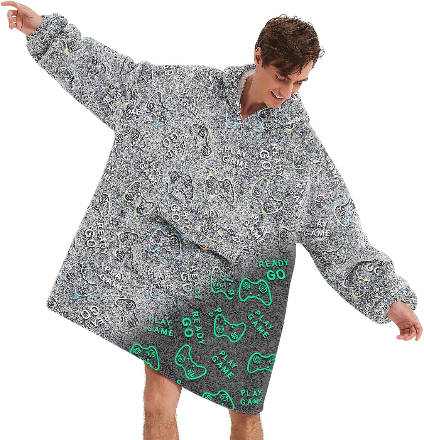 Mewkou - Manta con capucha de vestir para adultos, sudadera con capucha de forro polar sherpa de gran tamaño para mujeres y hombres, dinosaurio fósil que brilla en la oscuridad