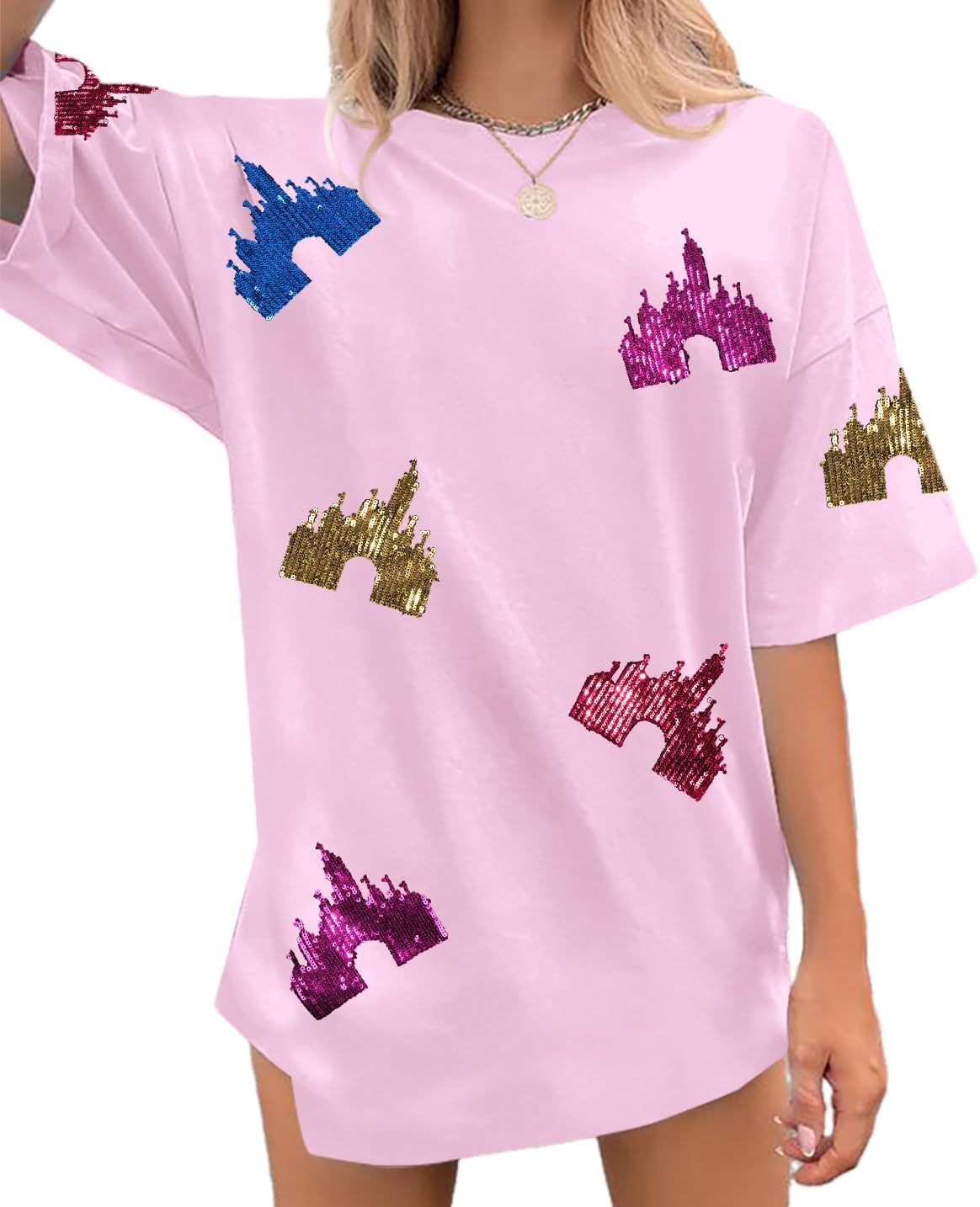 Camisas del Reino Mágico para Mujer, Top de Lentejuelas, Camiseta Gráfica de Castillo Colorido, Camiseta Divertida y Linda para Vacaciones Festivas