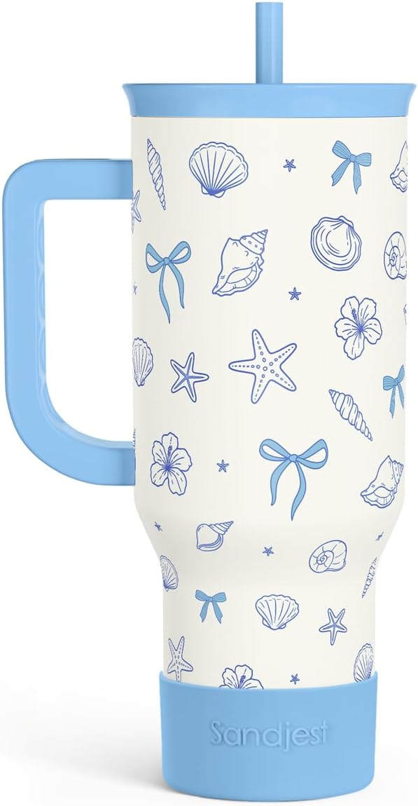 SANDJEST Vaso de 40 onzas con asa y pajilla, taza de café de viaje de acero inoxidable aislado para mujeres, niñas, amantes de la playa, idea de regalo para cumpleaños, Navidad, día de la madre, vacaciones de verano (color)