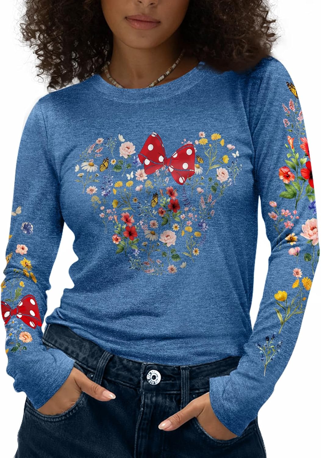Flafens Camisetas de manga larga para mujer, cuello redondo, camisetas gráficas lindas y geniales para adolescentes y niñas
