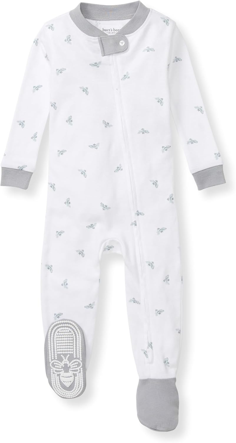 Burt's Bees Baby Pijama de algodón orgánico para niños, ajuste cómodo con pies | Convenient 2-way zip front sleeper pajama is equipped with non-slip bee grips for active littles on the move