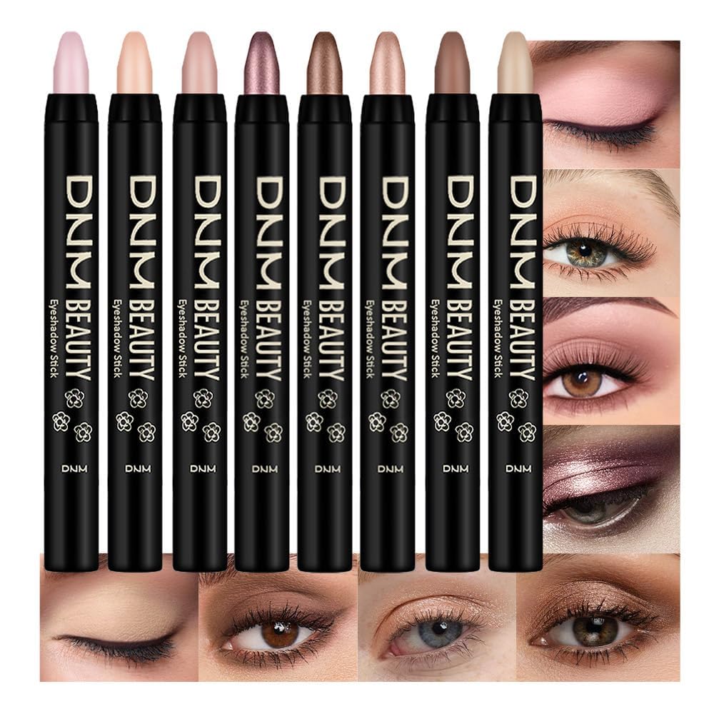 Juego de 8 piezas de barras iluminadoras de sombra de ojos en crema, champán perla gris topo bronce cacao piedra masilla amatista ahumada con brillo mate, lápiz delineador de ojos, barra aplicadora
