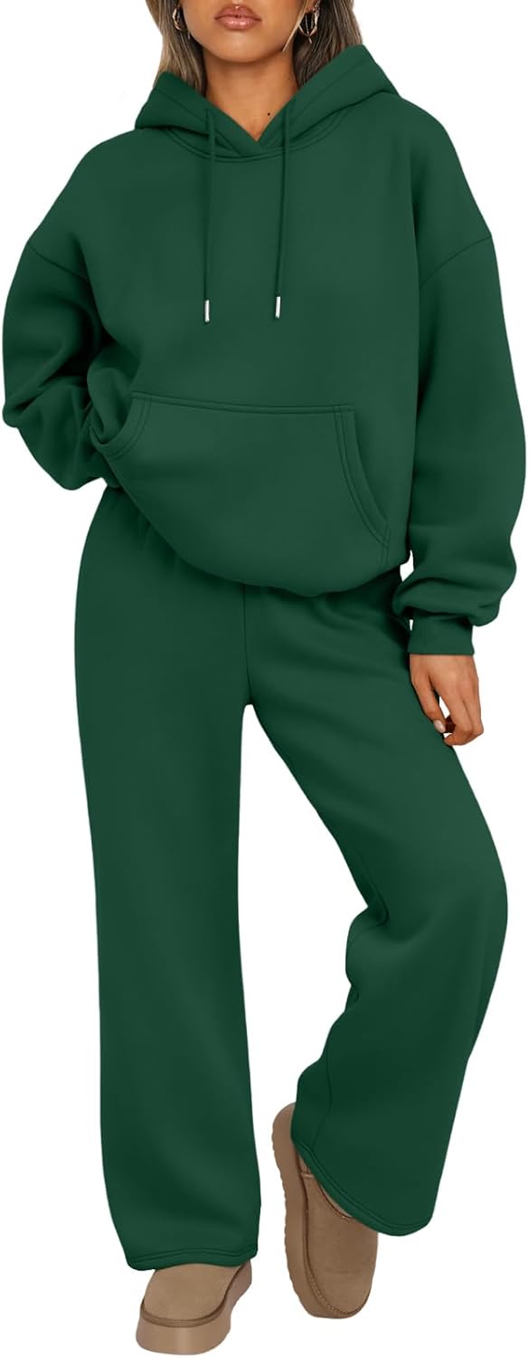 Trendy Queen Conjunto de dos piezas para mujer, ropa de descanso de otoño, conjuntos de moda con sudadera holgada y pantalones de pierna ancha, ropa de invierno | Oversized Drawstring Hoodies&Wide Leg Sweatpants Outfits