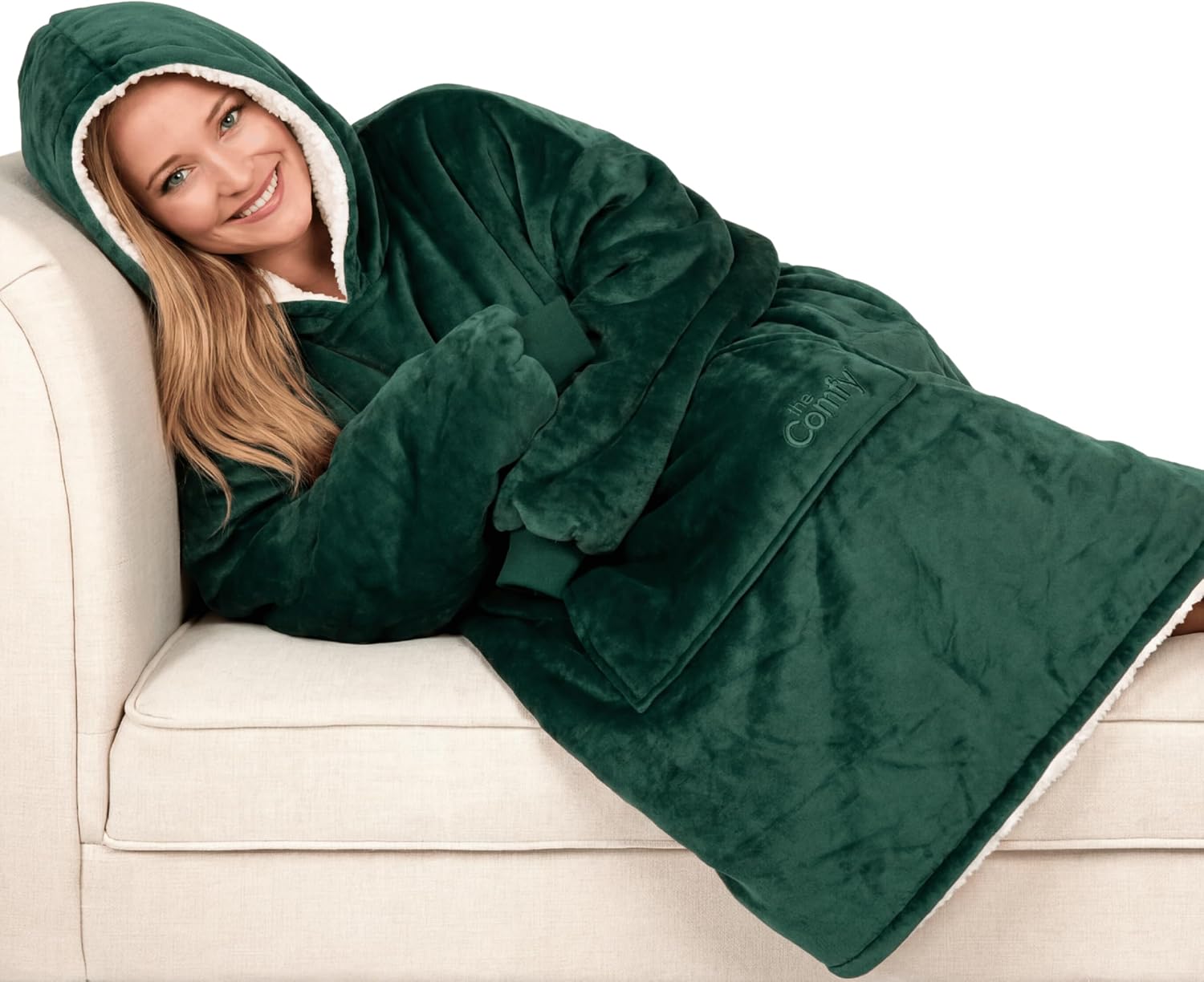 THE COMFY Original - Manta de forro polar de microfibra con forro sherpa, diseño de gran tamaño con capucha y bolsillo de Shark Tank