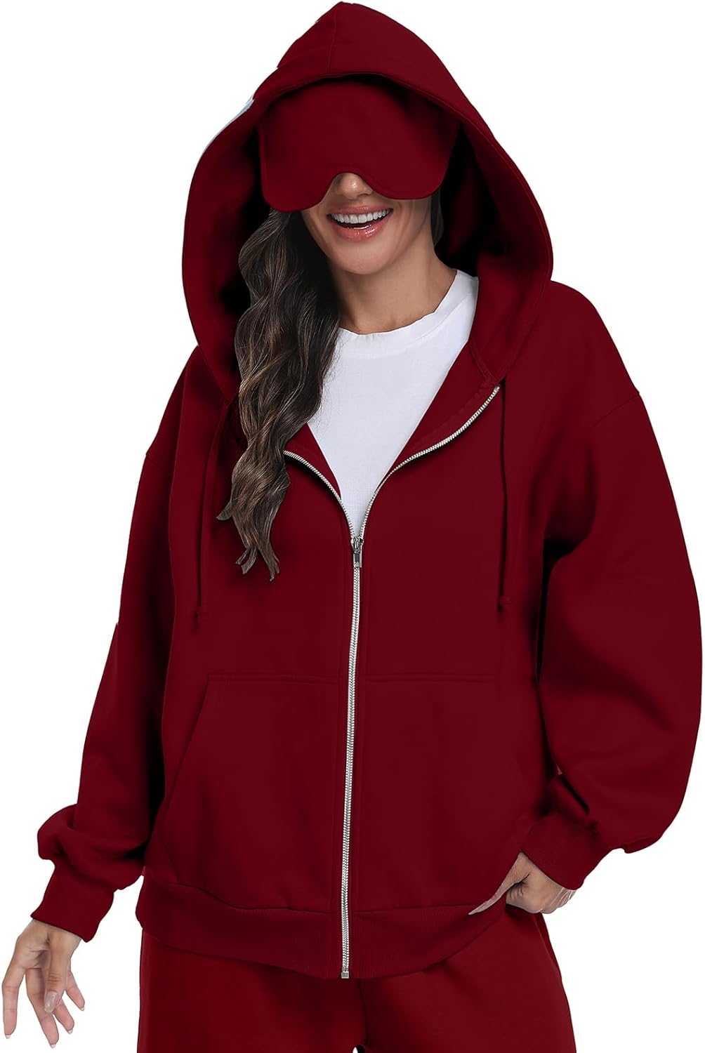 SeSe Code Sudadera con capucha unisex, con cremallera y máscara para los ojos, modo avión, sudadera holgada de viaje, chaqueta de forro polar