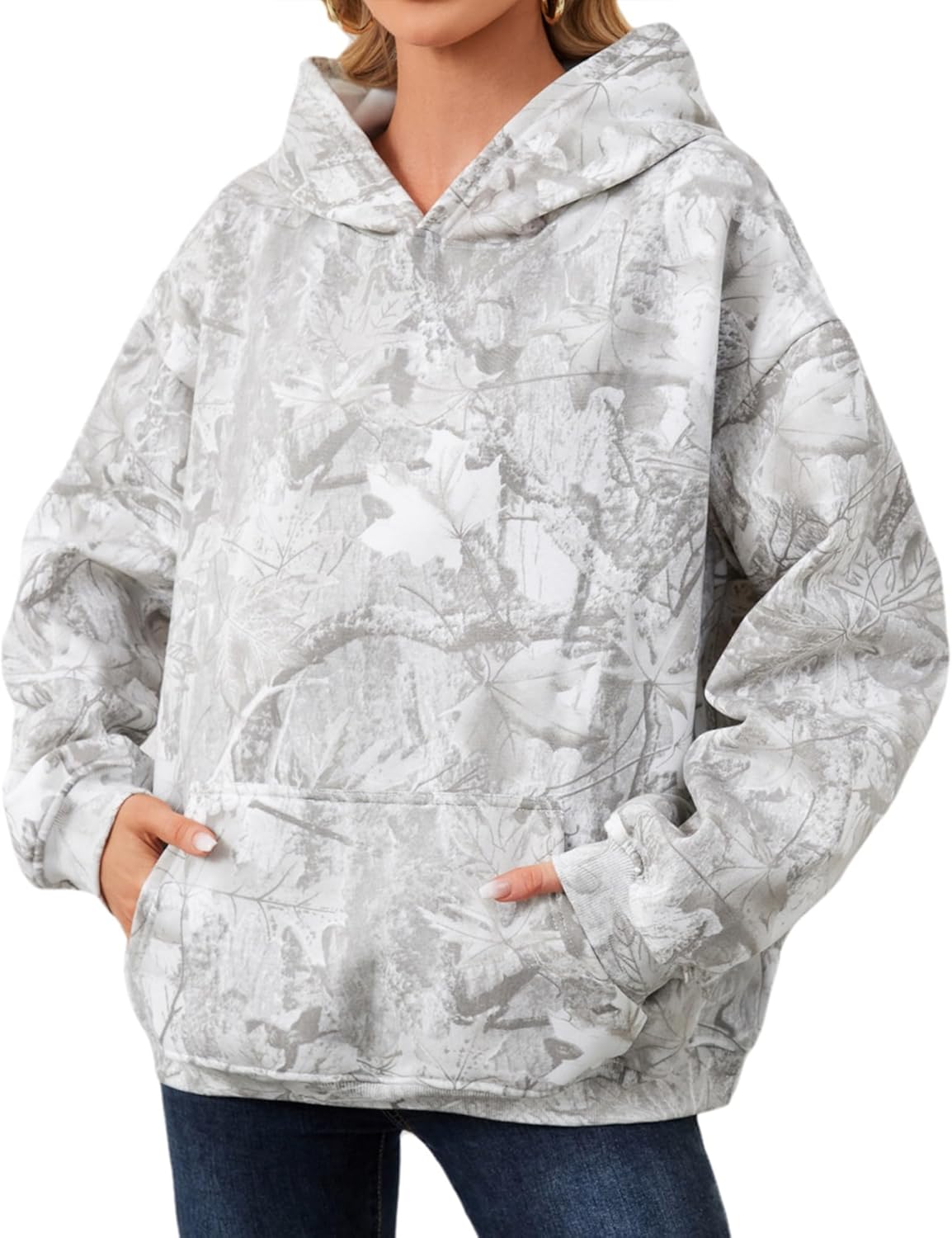 Anoumcy - Sudadera con capucha de camuflaje para mujer, con hoja de arce y forro de vellón, estilo holgado