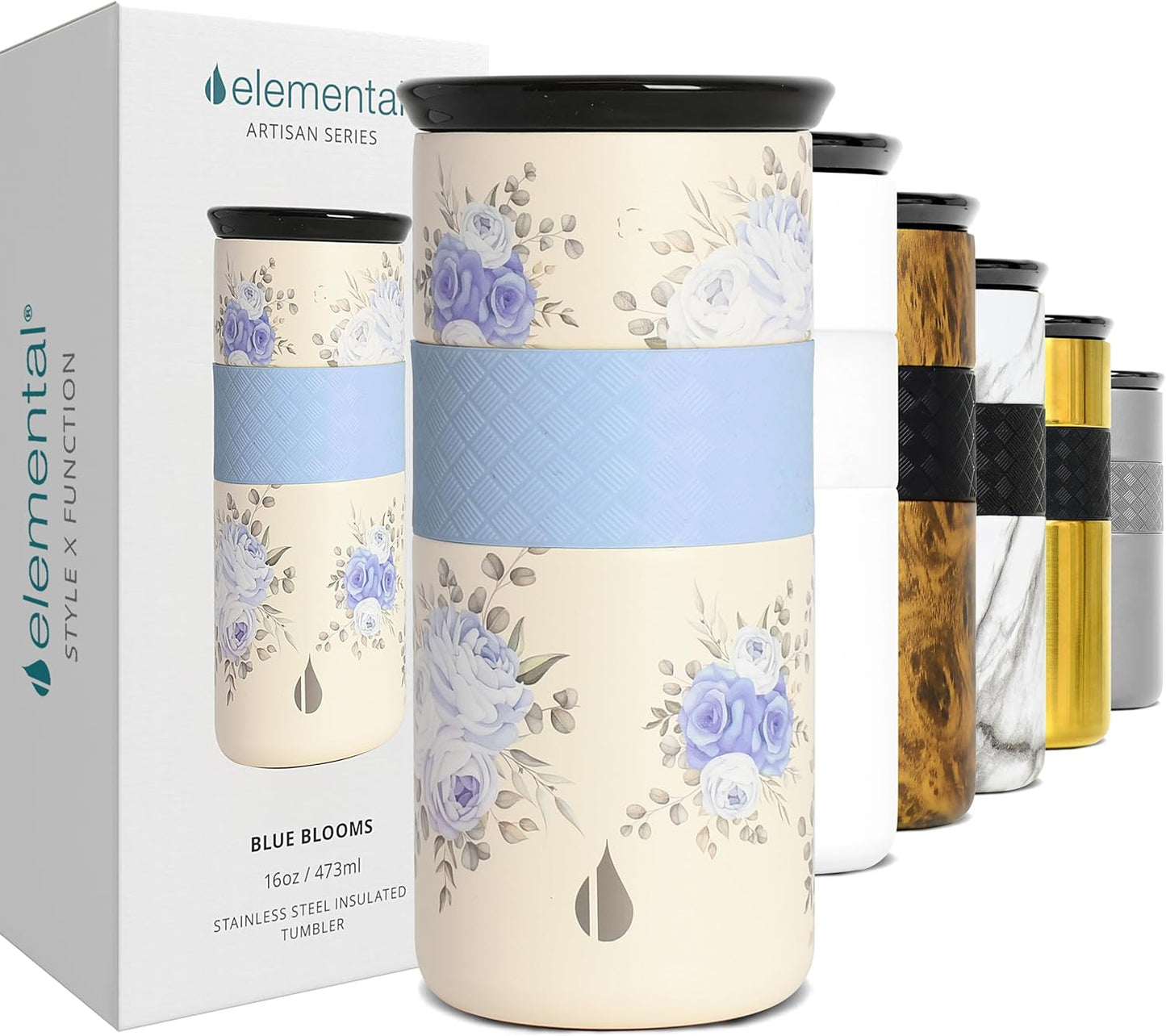 Elemental Vaso aislado artesanal, taza de viaje para café de triple pared, reutilizable, de acero inoxidable, con tapa de cerámica, tazas de café térmicas para bebidas calientes (6 horas) y frías (18 horas), 16 onzas, flores azules