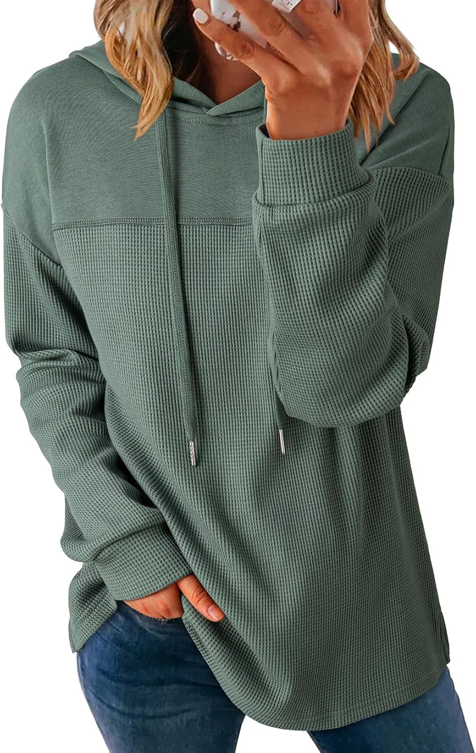 Dokotoo Sudaderas con capucha para mujer, de punto gofre, manga larga, con cordón, ligeras, con capucha