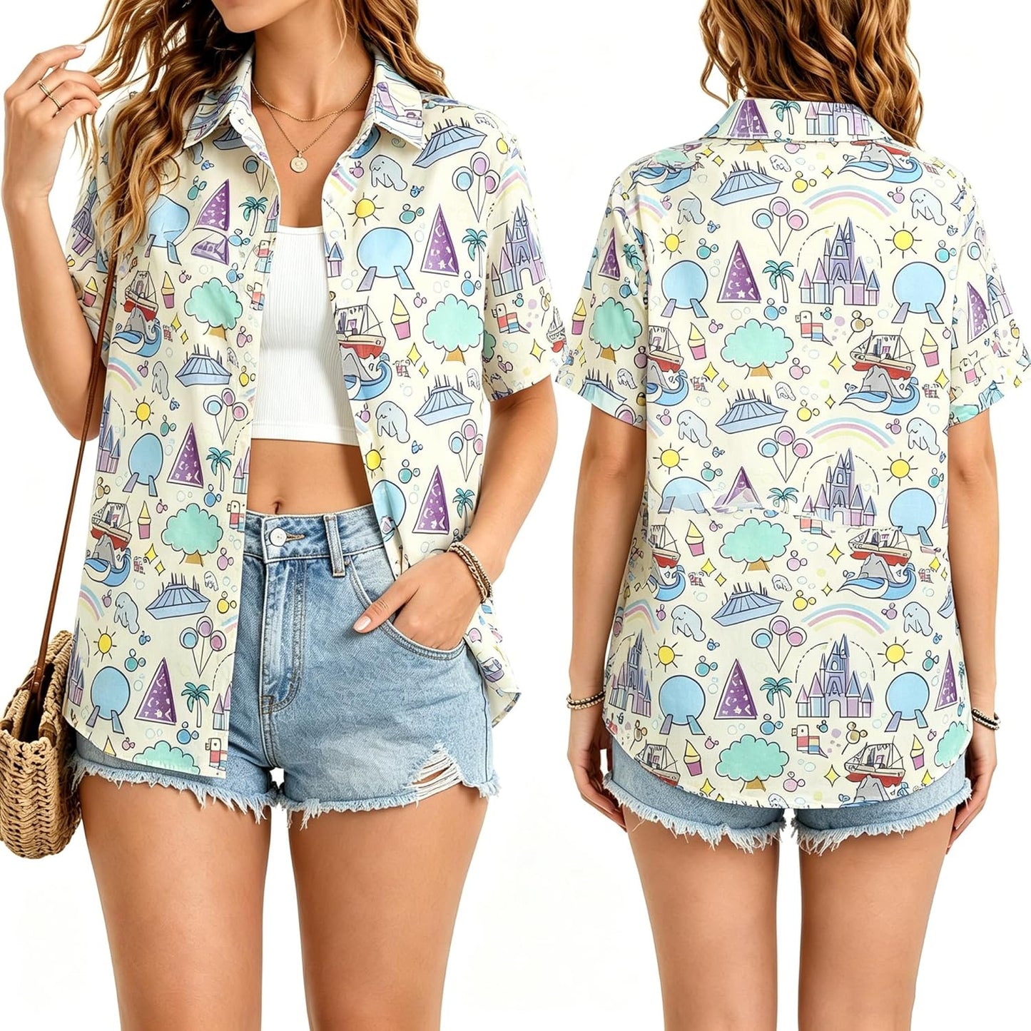 VILOVE Camisa mágica para mujer, camisas hawaianas mágicas de princesa, camiseta divertida con estampado de castillo, para vacaciones familiares, camisetas con botones