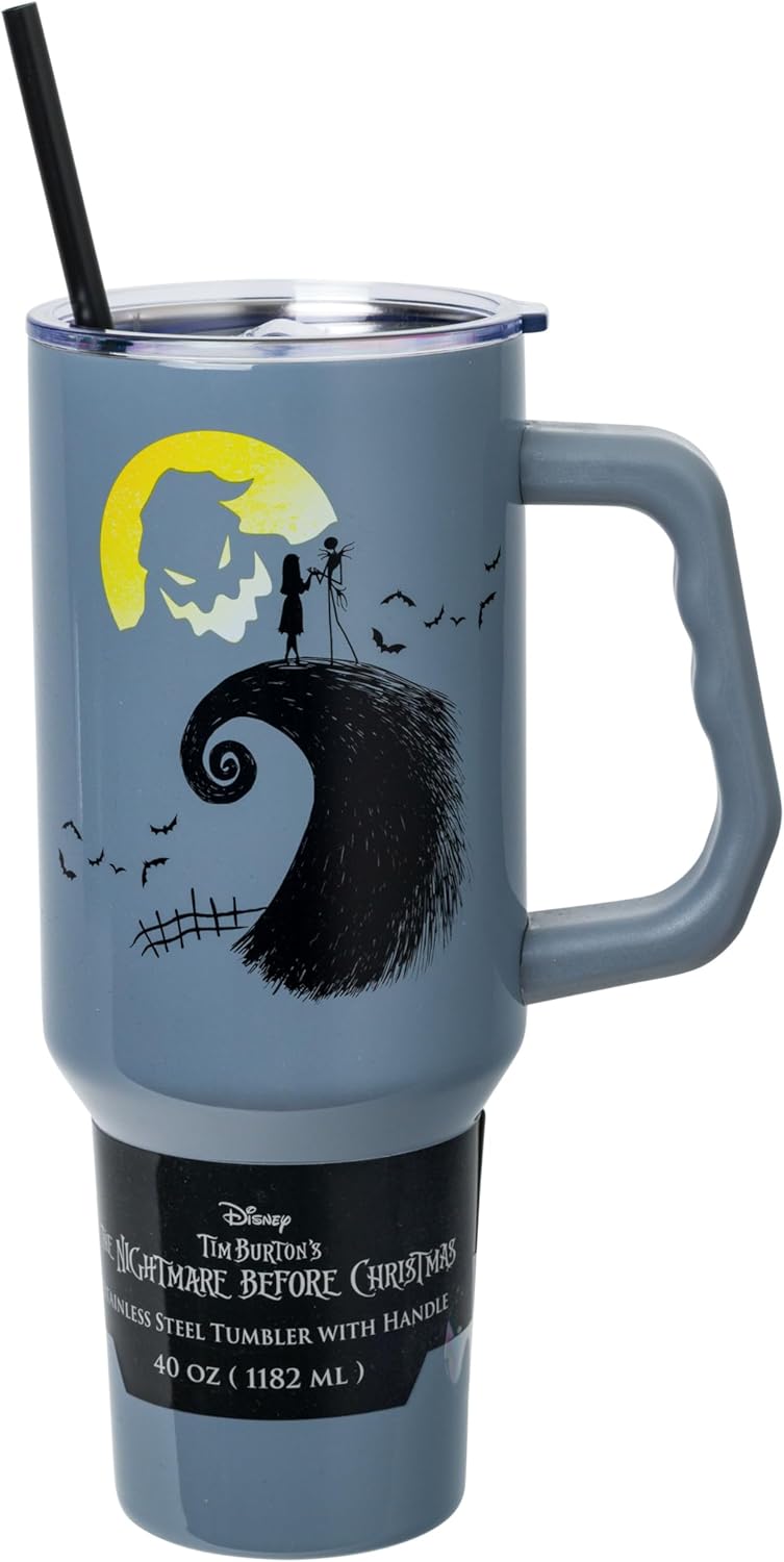 Silver Buffalo Disney Lilo and Stitch - Vaso de acero inoxidable de doble pared con asa y pajilla, diseño vintage, palmeras y flores, se adapta al portavasos estándar, 40 onzas