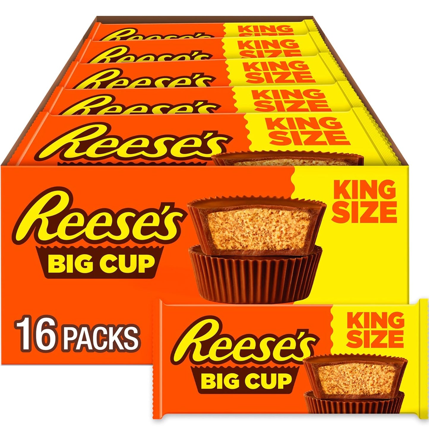 REESE'S Big Cup - Tazas de mantequilla de maní de chocolate con leche, tamaño King, paquetes de dulces, 2.8 onzas (16 unidades)
