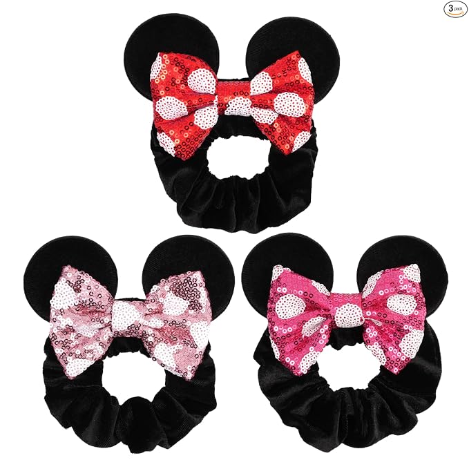 Coleteros de Cabello de Terciopelo con Lentejuelas Brillantes y Lazos de Orejas de Ratón - Paquete de 4 Accesorios Elásticos para el Cabello para Mujeres, Niñas, Niños, Cosplay, Vacaciones, Fotografía