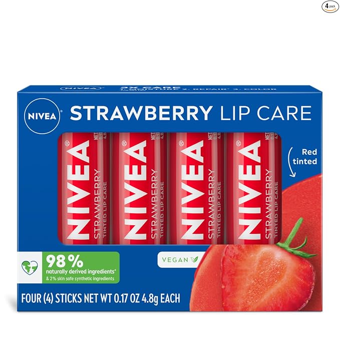 NIVEA Lip Care, Paquete Variado de Bálsamo Labial Tintado Frutal, Sabores a Cereza, Fresa, Mora y Sandía, Humedad, Reparación y Color 3-en-1, Barra de 0.17 Oz, Paquete de 4