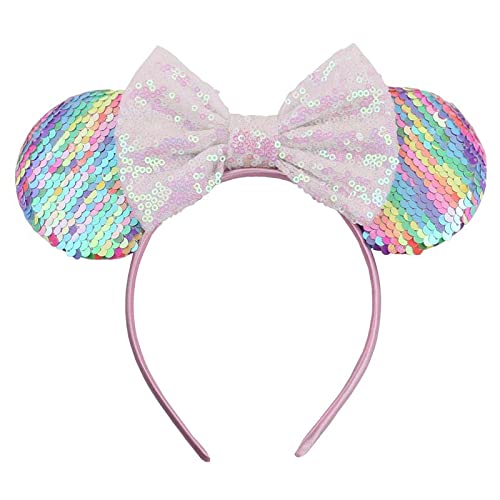 Foeran - Diademas con orejas de ratón, arcos brillantes, orejas de ratón con purpurina, decoración para fiesta de princesa, disfraz para niñas y mujeres (impresión de leopardo-1)