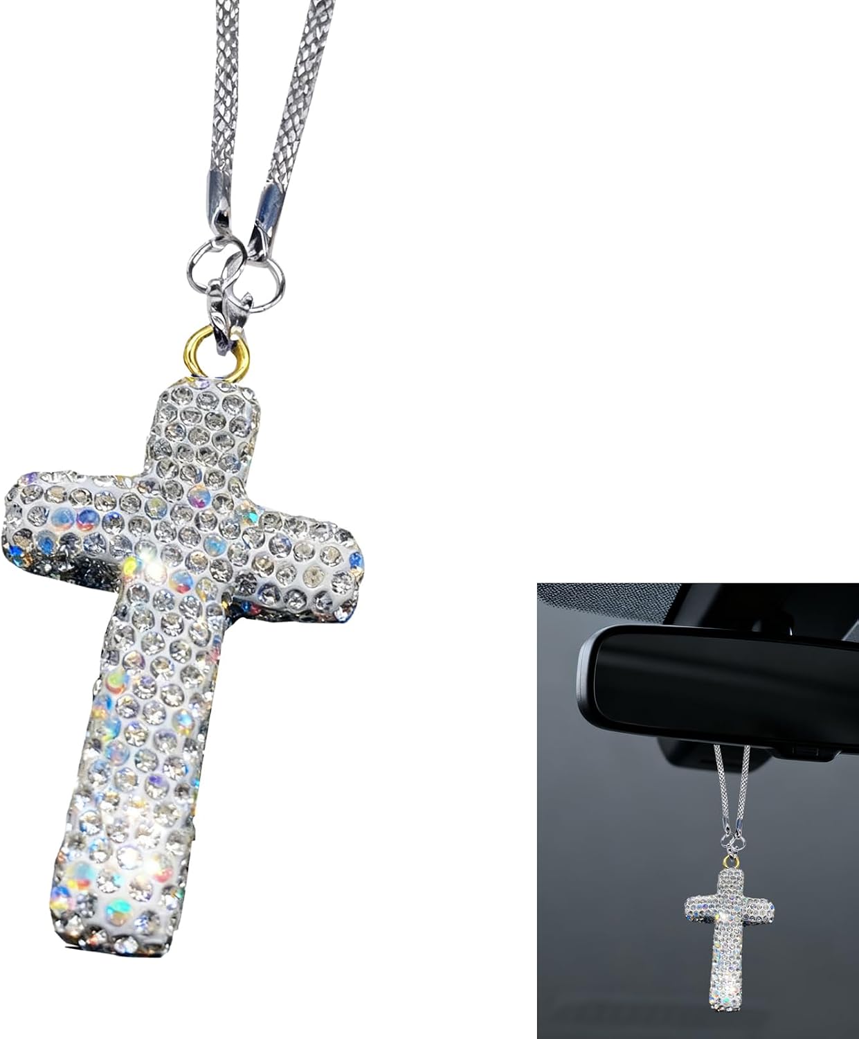 Adorno colgante de cruz brillante para automóvil, colgante de cruz de diamantes de imitación brillantes para espejo retrovisor de automóvil, colgante de decoración de espejo retrovisor de