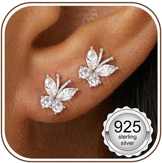 Adramata 925 Sterling Silver Earrings Women Girl Small Earrings Cubic Zirconia Hypoallergenic Piercing Ear Helix Tragus Earring Women Silver/Gold