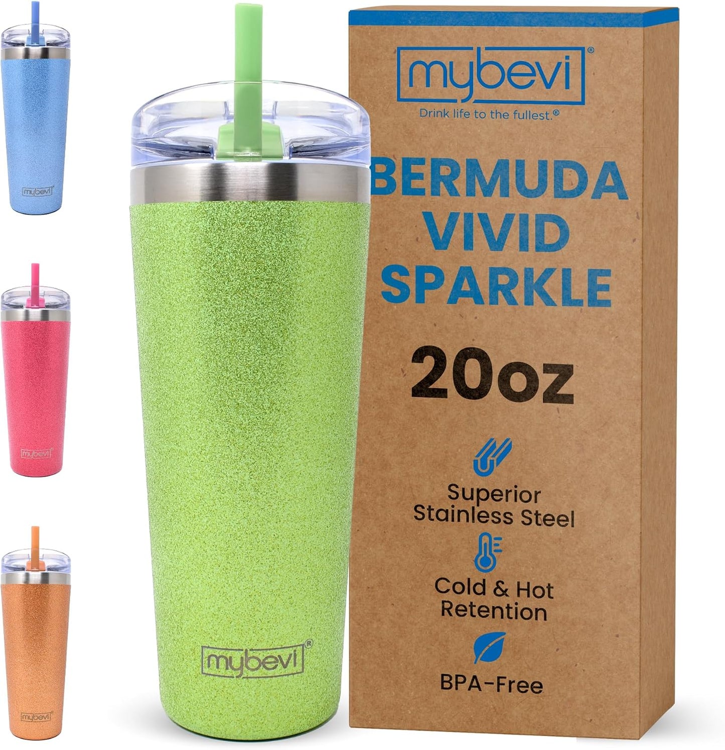 MyBevi Bermuda Vivid Sparkle - Vaso de acero inoxidable aislado con tapa, doble pared sellada al vacío, taza de viaje apta para soportes de automóvil, 20 onzas, verde menta