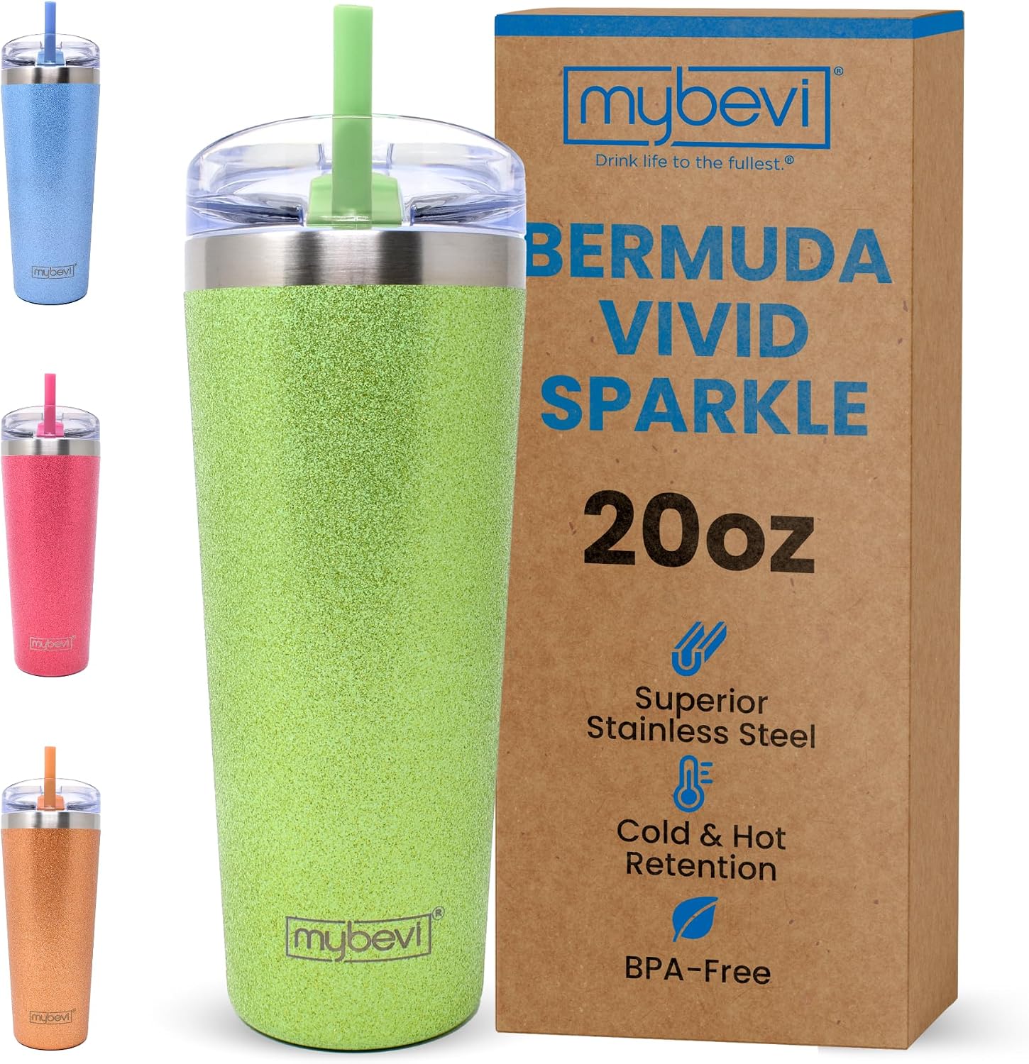 MyBevi Bermuda Vivid Sparkle - Vaso de acero inoxidable aislado con tapa, doble pared sellada al vacío, taza de viaje apta para soportes de automóvil, 20 onzas, verde menta