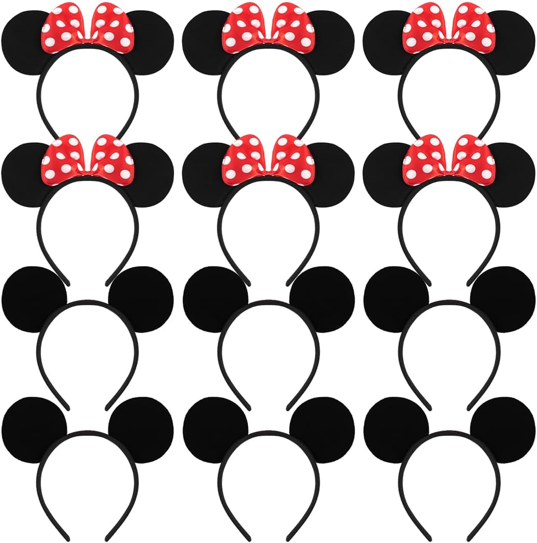 Meleager 12 x Cartoon Mouse Ear Headbands, Hair Accessories for Children and Adults for Birthday Parties, Christmas, Carnival, Halloween, as Gifts