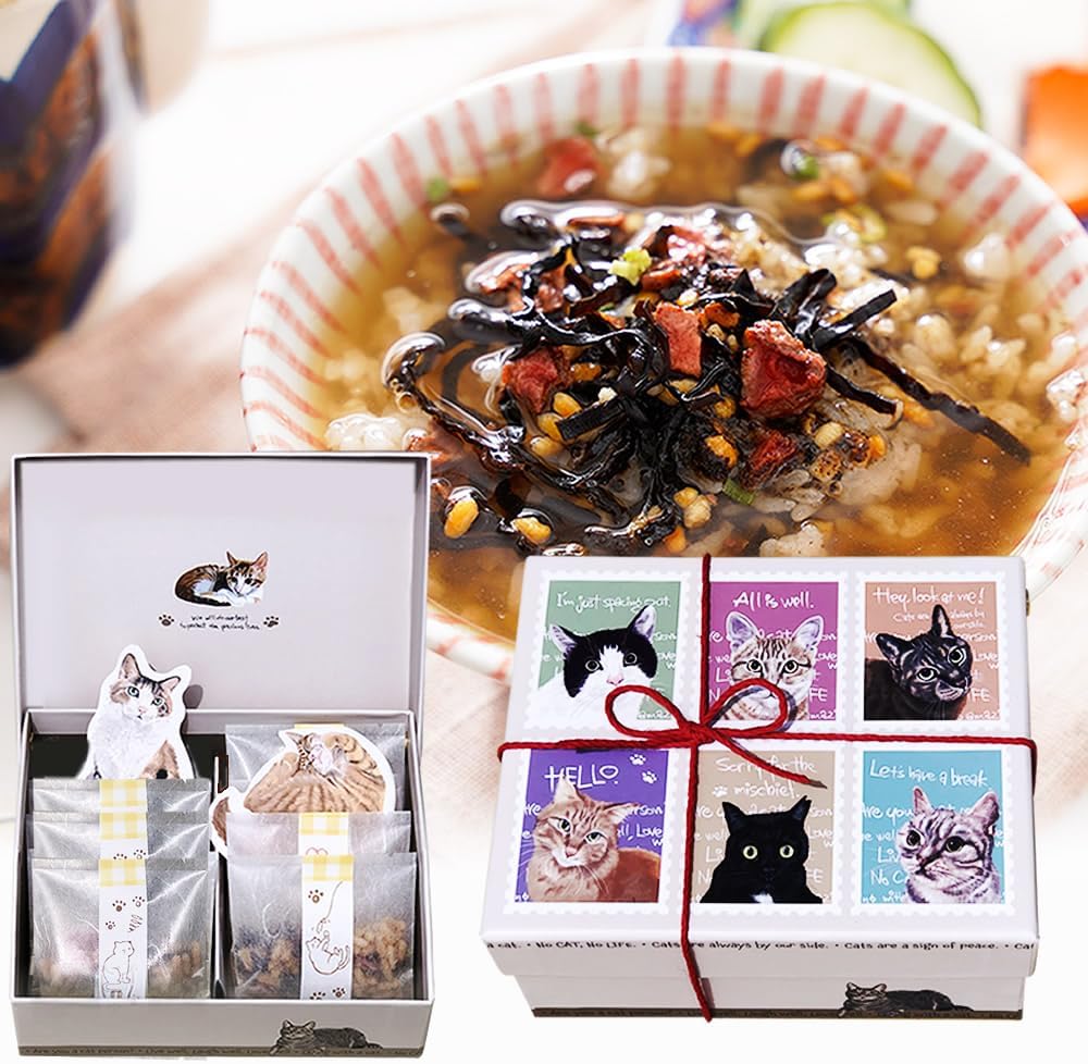 【Taru no Aji】Cat Lovers' Gift Set: Tea-Soaked Nyanko BOX with Kishu Nanko Plum Pickled Plums and Deep Koji Dashi Flavored, Additive-Free Tea-Soaked Seasoning, Kishu Nanko Plum Tea-Soaked with Hojicha
