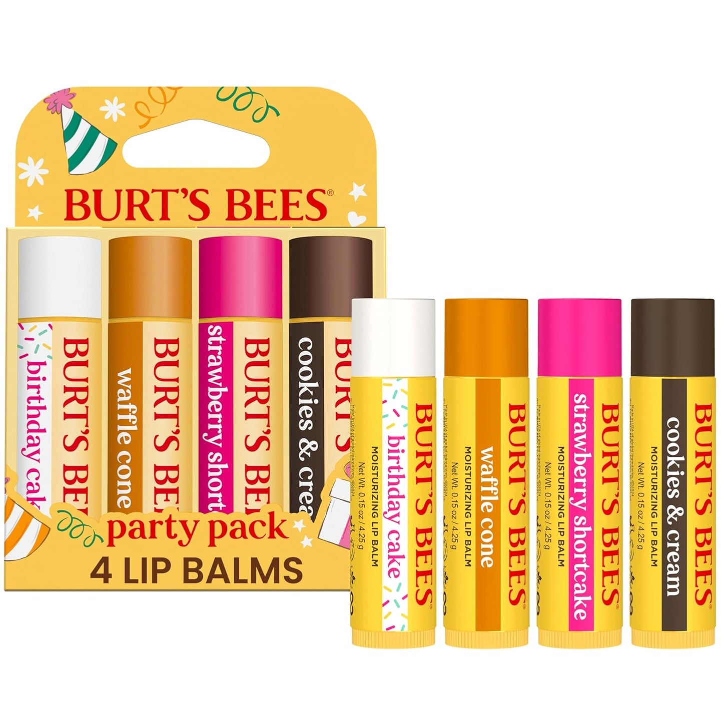 Burt's Bees Gifts Ideas - Juego de bálsamo labial para fiesta de jardín, vainilla lavanda, melocotón dulce, manzana verde, miel de flores silvestres, con cera de abejas de origen responsable, tratamiento labial de origen natural, 0.15 onzas, cuatro tubos